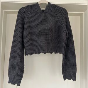 Women's Dark Gray Knit Hooded Cropped Sweater